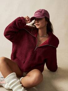 VARSITIE 复古红色大翻领口袋宽松休闲袖口保暖女式运动夹克