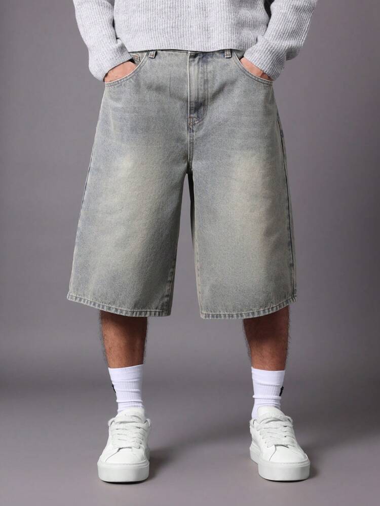 Wide Leg Denim Jorts With Vintage Light Wash