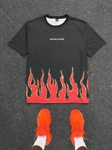 Manfinity EMRG 男士休闲字母与火焰印花圆领短袖 T 恤