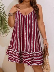 SHEIN VCAY Plus Size Boho Spaghetti Strap Striped Casual Short Dress, Sukienka na Lato