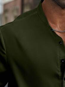 Manfinity Homme Áo sơ mi dài tay thường ngày màu trơn cỡ lớn dành cho nam, mùa thu, áo sơ mi xanh lá cây đậm, mùa thu - xanh quân đội - Xem 5