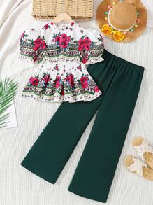 SHEIN Leap Crew Tween Girl Retro Floral Print Puff Sleeve Shirt With Ruffle Hem & Wide Leg Pants 2 Pieces Set - Dark Green - View 4
