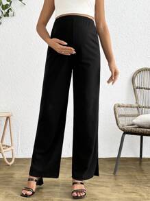 SHEIN Maternity Black Straight Leg Pants With Ankle Slits & Adjustable Length - Black - View 5
