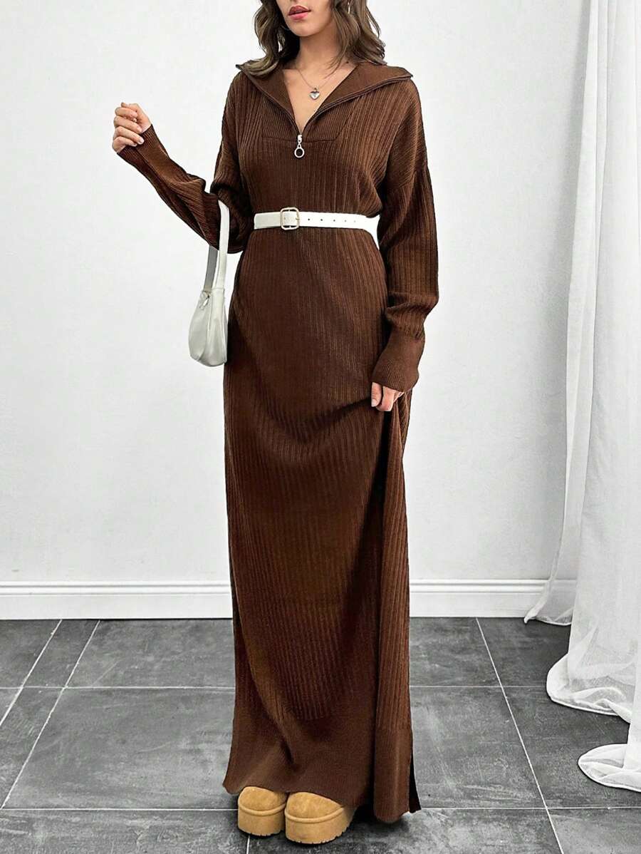 SHEIN Tall Long Sweater Dresses With Zipper Details - Brown - View 1