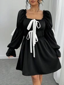 Chiquease Square Neck Ribbon Contrast Color Long Sleeve Princess Sweet Elegant Short Dress Fall Cloth For Women - Black - View 6