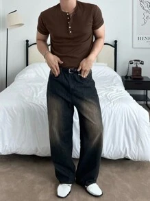 DAZY Men's Slim Fit Textured Half-Placket T-Shirt, Essentials