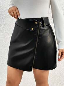 SHEIN Frenchy Chân váy đen PU chữ A cỡ lớn, vừa vặn và thời trang, không thể thiếu cho các bữa tiệc và buổi tụ họp - màu đen - Xem 5