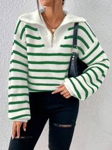 Flirla Women's Drop Shoulder Striped Long Sleeve Zip Placket Pullover Sweater, Autumn/Winter Knit Pullover Fall Outfit