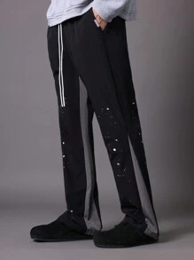 SUMWON Flare Fit Colour Block Panel Nylon Pants With Paint Splatter - Black - View 1