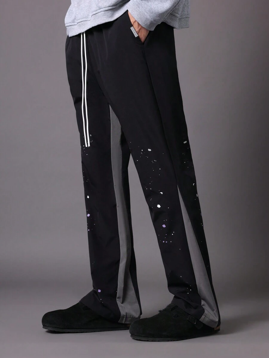 SUMWON Flare Fit Colour Block Panel Nylon Pants With Paint Splatter - Black - View 1