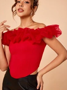 KATLO SKEYS 设计师红色纯色网眼荷叶边露肩性感上衣，适合外出聚会、节日 - 紅色 - 查看 6