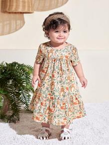 SHEIN Baby Girl Summer Cute Cartoon Pattern Short Sleeve Mini Dress - Multicolor - View 5