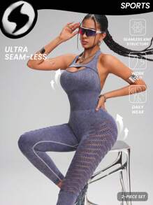 Innovista Combinaison de sport avec structure en filet respirante à effet denim lavé violet, contrôle du ventre et levage des fesses. Combinaisons pour femmes, tenues de sport, automne hiver - Prune - Voir 7