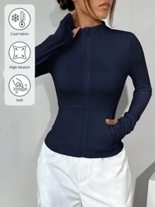 SHEIN EZwear 女式拉链轻便运动夹克，适合秋冬季跑步、健身、瑜伽 - 藏蓝色 - 查看 1