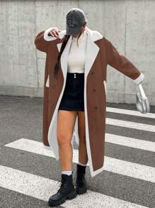 SHEIN EZwear Plus Size Heavy-Weight Colorblock Faux Shearling Leather Coat, Autumn/Winter - Brown - View 6