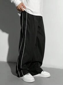 SHEIN 青少年男孩休闲街头风格宽松白色撞色海军蓝直筒裤，街头服饰，运动，秋冬 - 黑色 - 查看 9