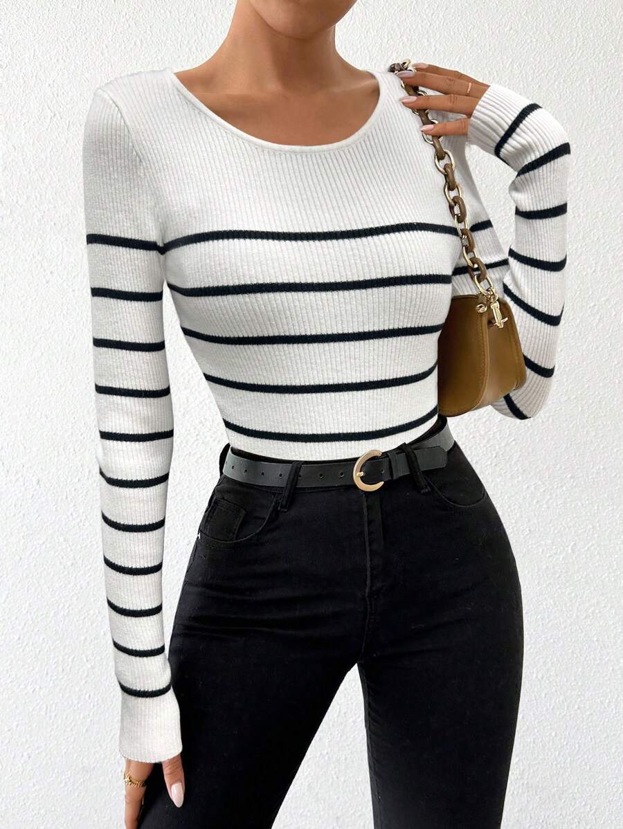 Chiquease 女式罗纹圆领长袖弹力修身 T 恤，百搭秋装 - 彩色 - 查看 1