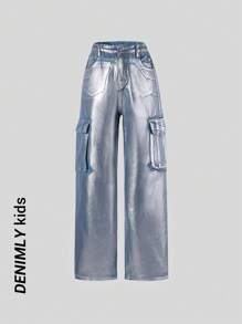 SHEIN Pantalones cargo plateados metálicos de estilo ciberpunk futurista con múltiples bolsillos 3D para adolescentes chicas