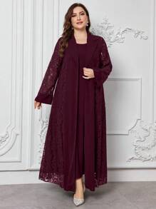 Modelyn 2pcs/Set Lace Patchwork Woven Loose Casual Plus Size Set - Burgundy - View 6