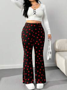 SHEIN EZwear Plus Size Women High Waisted Heart Flare Pants, Valentine's Day - Black - View 4