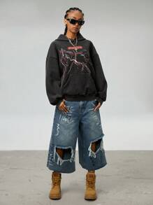 SHEIN EZwear 女士时尚垃圾水洗闪电印花连帽运动衫 - 深灰色 - 查看 4