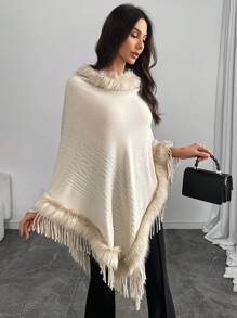Modelyn Suéter casual de mujer con parches de peluche y flecos - Caqui - Ver 5