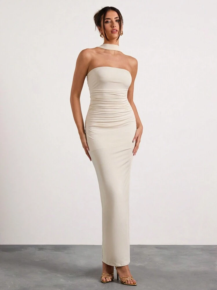Glamine Beige Color Off The Shoulder Ruched Halterneck Maxi Dress