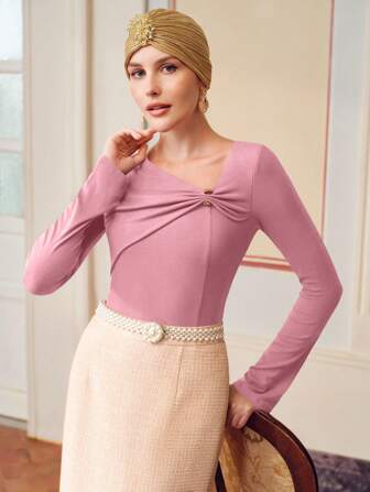ZEYLAH Women's Solid Color Asymmetrical Neckline Long Sleeve Casual Blouse, Everyday Wear