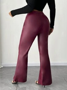 SHEIN Unity Plus Size Solid Color Tight Stretch PU Leather Split Design Leggings Fall Cloth For Women - Burgundy - View 2
