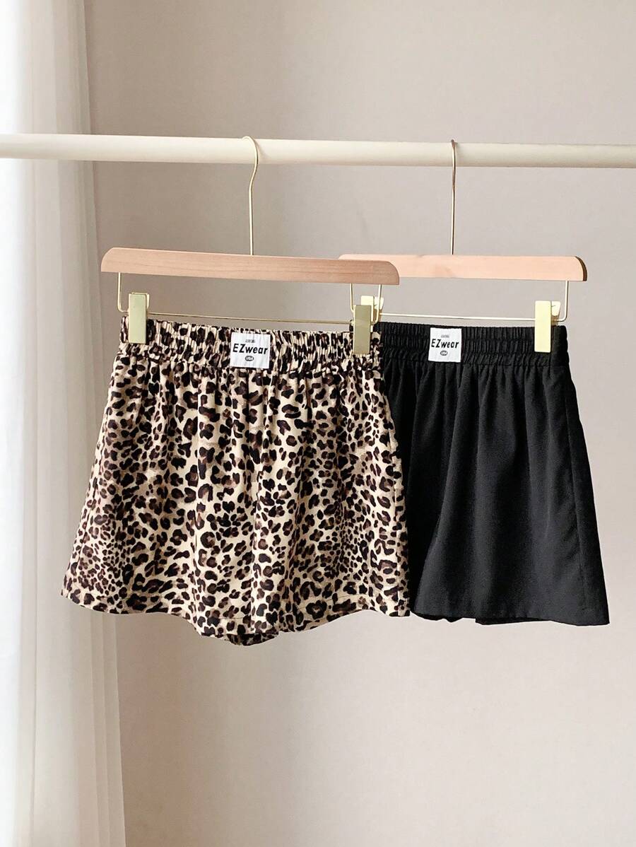 SHEIN Teen Girls 2pcs/Set Leopard Print Black Shorts - Multicolor - View 1