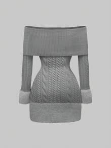 ROMWE Kawaii Váy len nữ hở vai đính lông vũ trang trí chắp vá, ngày lễ tình nhân - Xám - Xem 2