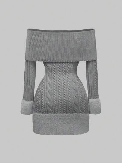 Kawaii Robe pull femme avec pendentif boule de fourrure, épaules dénudées, patchwork duveteux, décoration pour la Saint-Valentin