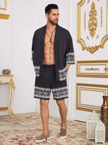 Manfinity Homme Set de 2 piezas para hombre de camisa abierta con estampado geométrico y pantalones cortos sueltos