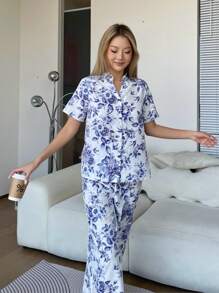 SHEIN Leap Crew 少女复古花卉 V 领前开短袖直腿睡衣套装，2 件舒适休闲睡衣 - 藍白色 - 查看 4