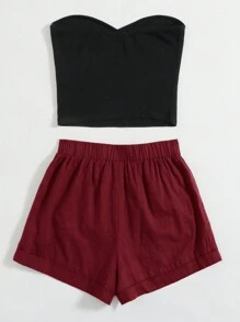 SHEIN VCAY Conjunto de 2 piezas de top tubo y shorts estilo bohemio casual de vacaciones para mujer de talla grande, para el verano