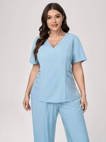 TaskEZ Plus Size Solid Color Short Sleeve Top & Pants Scrub Uniform Set - Green - View 6