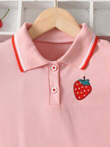 Girls Casual Elegant Comfy Versatile Strawberry Embroidery Polo Collar Dress, Suitable For Daily And Outdoor Wear, Spring/Summer
