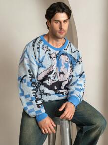 Manfinity EMRG Plus Size Men's Round Neck Long Sleeve Graphic Detail Casual Pullover Sweater