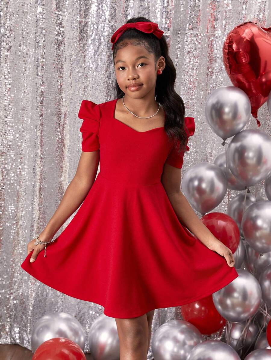 Leap Crew Vestido de manga corta rojo para niñas preadolescentes, adecuado para vacaciones, ir y venir, verano para el Día de San Valentín - Rojo - Ver 1