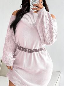 Flirla Popular Plus Size Women Batwing Sleeve Cozy Soft Gray Knit Turtleneck Asymmetric Sweater Dress, Sexy Details For Winter