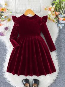 SHEIN Leap Crew Vestido Veludo Liso Menina Babado Acabamento Tricô Veludo Estilo A, Vestido Longo Manga Elegante Estilo Bolo, Ótimo para Uso Casual & Diário & Escola no Outono & Inverno, para Natal ,Férias, Combinando Mãe e Filha , Cor Verde,para Natal,Uso em Festas ,Vestido de Aniversário,Vestido de Princesa. - Vinho - Visão 4