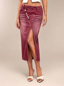 SHEIN BAE Women Sexy Fitted Red Denim Skirt With Front Slit - Red - View 5