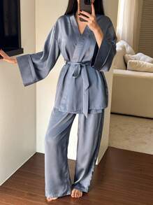 DAZY Lightweight Satin Belted Robe & Pants Sleepwear Pajama Set, Minimalist & Elegant, Spring/Summer, Fall Winter Clothes Pajama - Blue - View 4