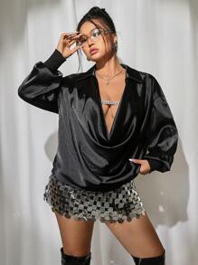 SHEIN ICON 大码女式纯色性感落肩长袖缎面垂领衬衫 - 黑色 - 查看 4