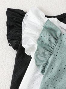 SHEIN 3pcs Set Young Girls' Solid Color Round Neck Ruffle Hem Fitted T-Shirts, School, Campus, College