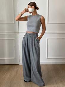 DAZY Polka Dot & Striped Loose Pants With Pockets, Casual Wide Leg Trousers For Women, Summer Business Attire - Grey - View 4