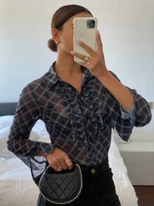 DAZY Casual Summer Plaid Mesh Long Sleeve Ruffled Collar Top For Women Sheer,Fall Clothes School - Black - View 3
