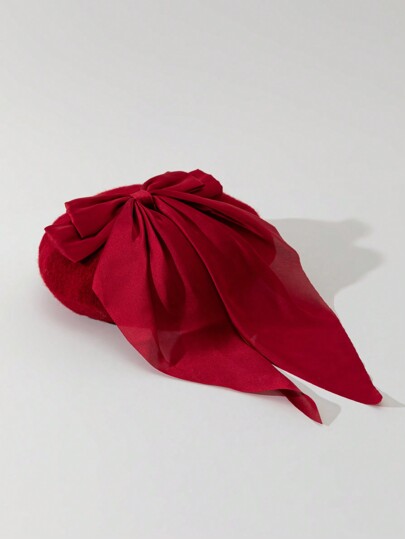 Kawaii 1pc Women's Long Bow Beret Hat, Minimalist And Versatile
