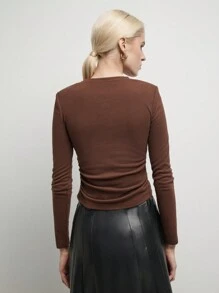 BizChic 女士棕色针织汗衫，办公室通勤装，适合新年、约会、春夏穿着 - 棕色 - 查看 5