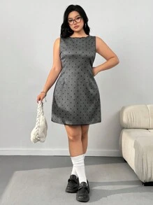 SHEIN EZwear Plus Size Grey Retro Polka Dot Waist Cinched Dress, Spring,Valentine's Day - Grey - View 6